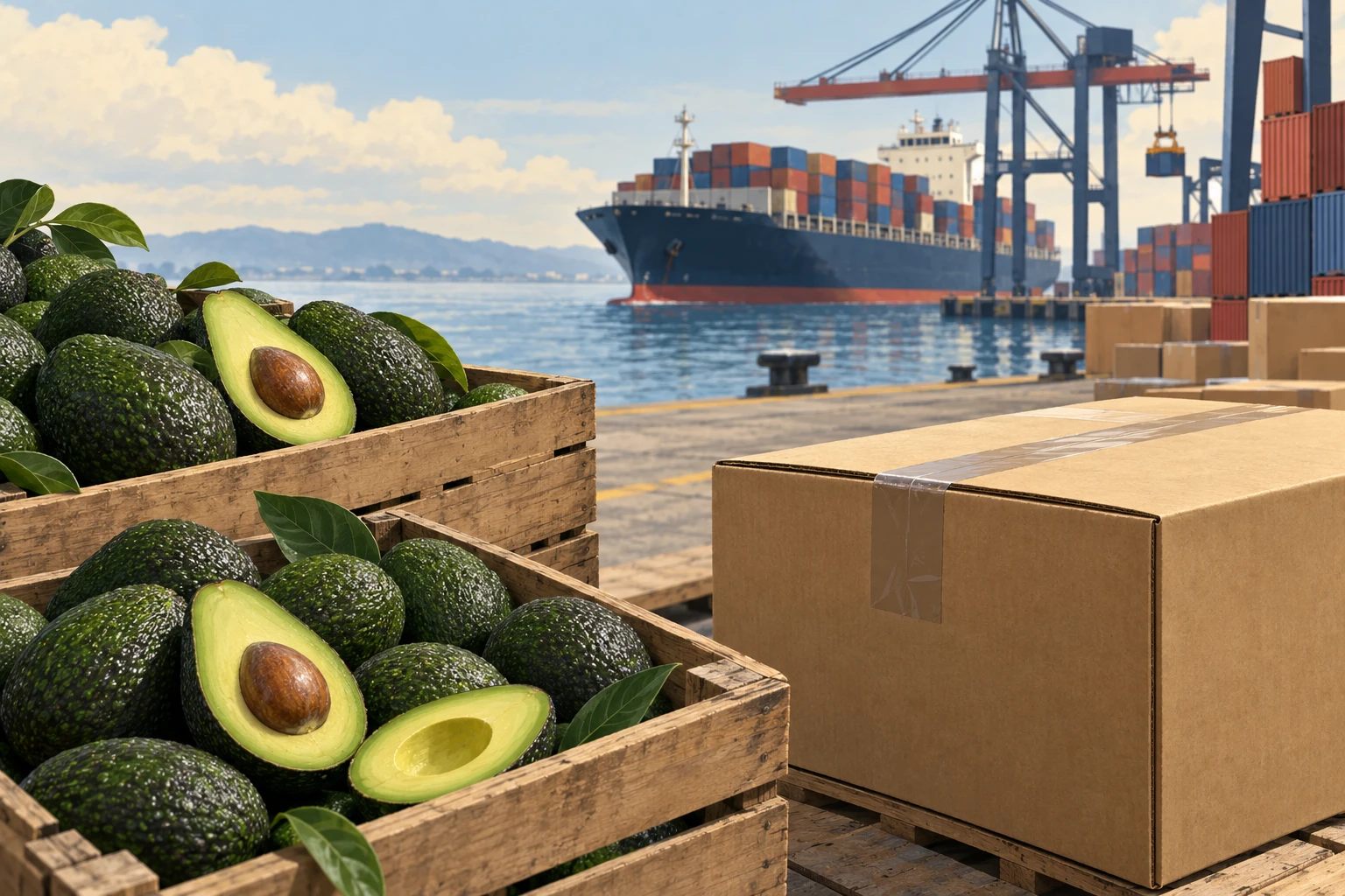 Editorial illustration of avocados, cartons and a container port.