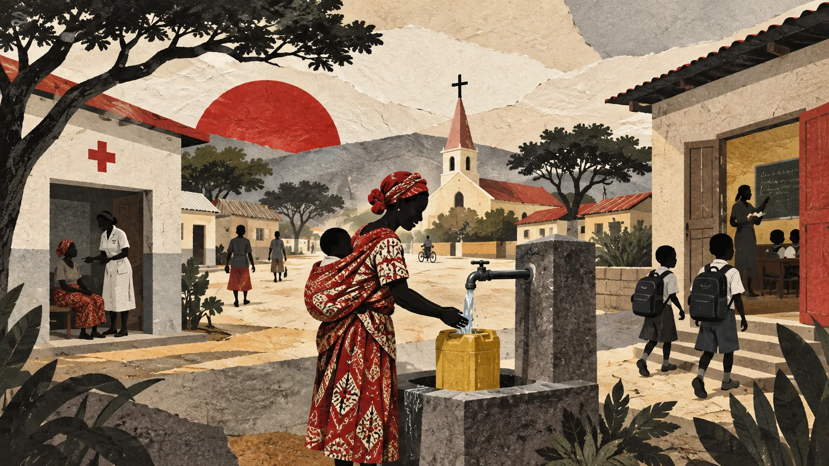 Editorial illustration of a community clinic, water tap, school and church.