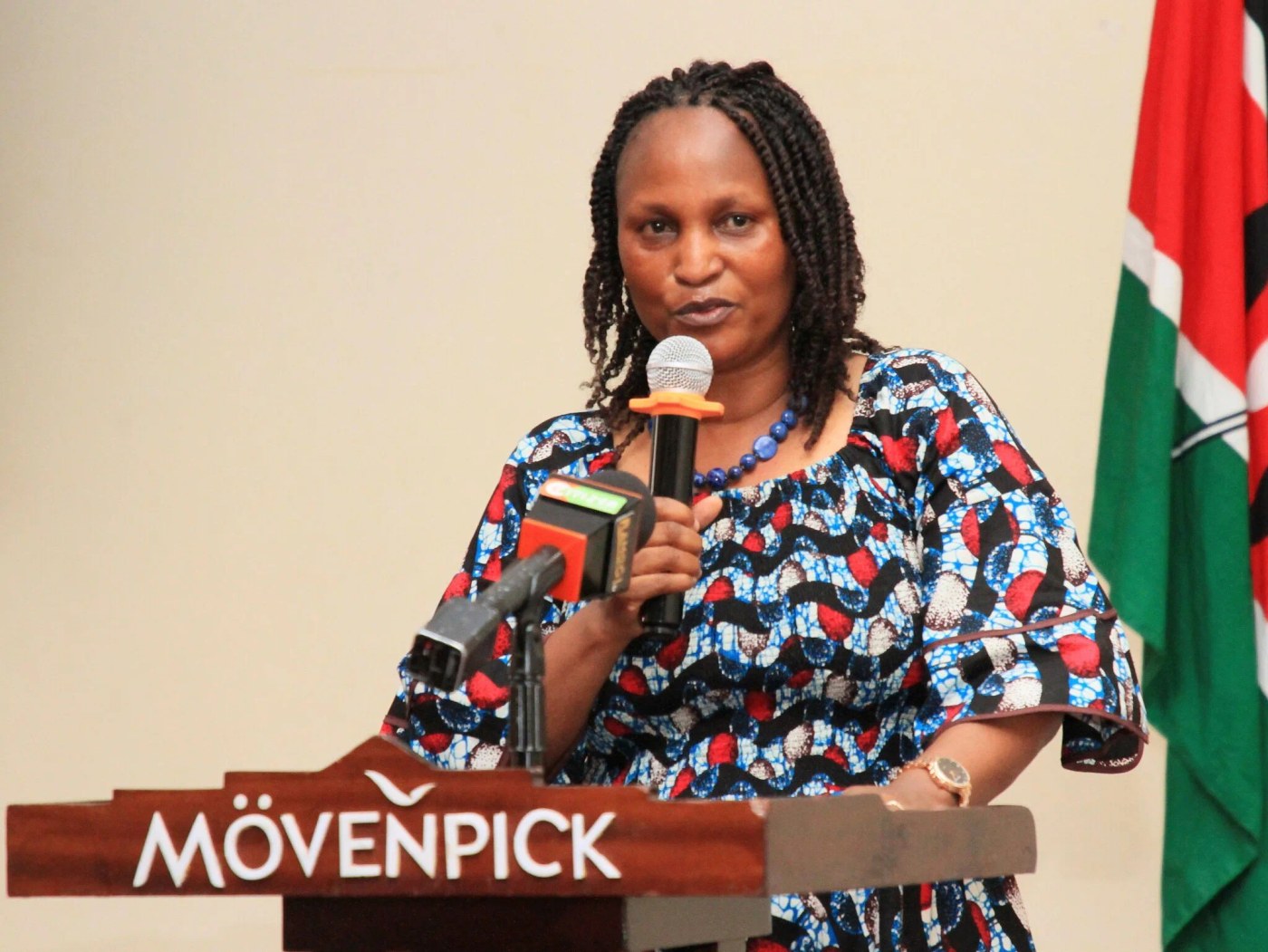 IEBC Commissioner Ann Nderitu speaks into a microphone at a podium beside a Kenyan flag.
