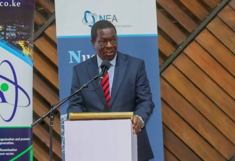 Opiyo Wandayi speaks at a lectern in a dark suit and striped tie.