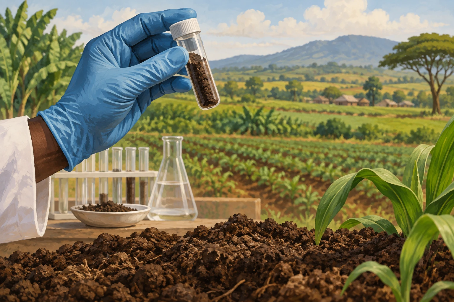 Editorial illustration of a gloved hand holding a soil sample above cultivated fields and laboratory glassware.