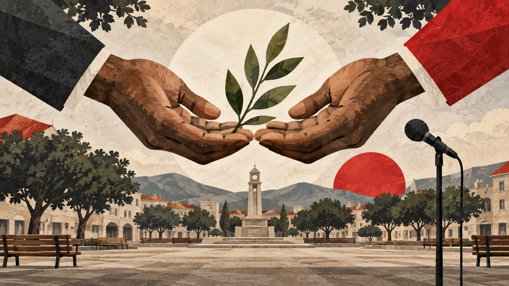 Editorial illustration of two open hands supporting an olive branch above a quiet square with a microphone.