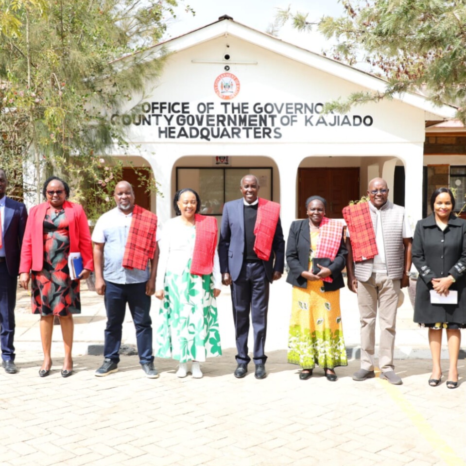 Senators and county officials outside the Kajiado governor’s office during the education oversight visit.