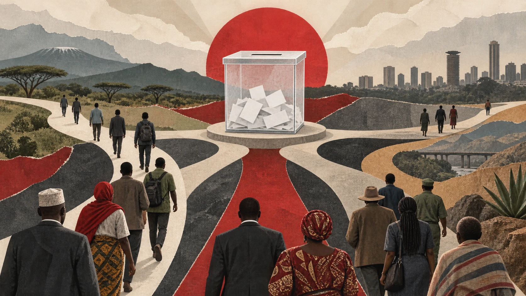 Editorial illustration of a ballot box with several paths converging towards it.