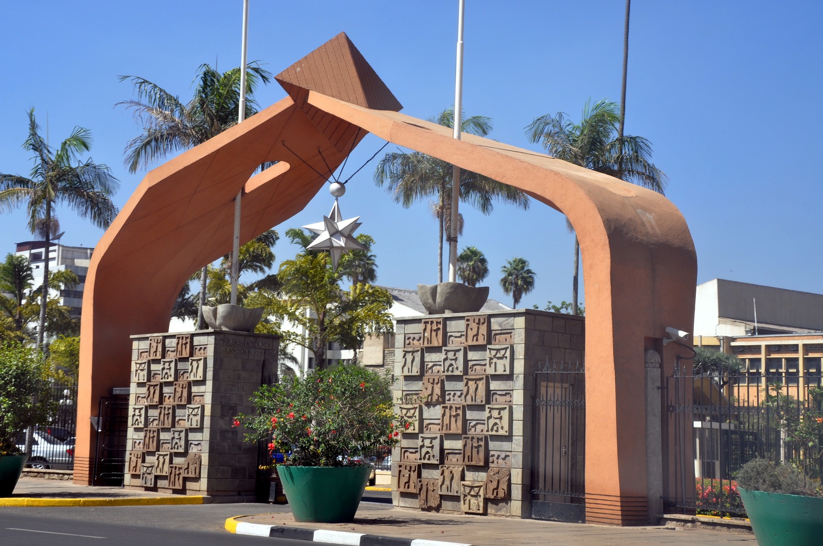 The arched entrance to Parliament Buildings in Nairobi.