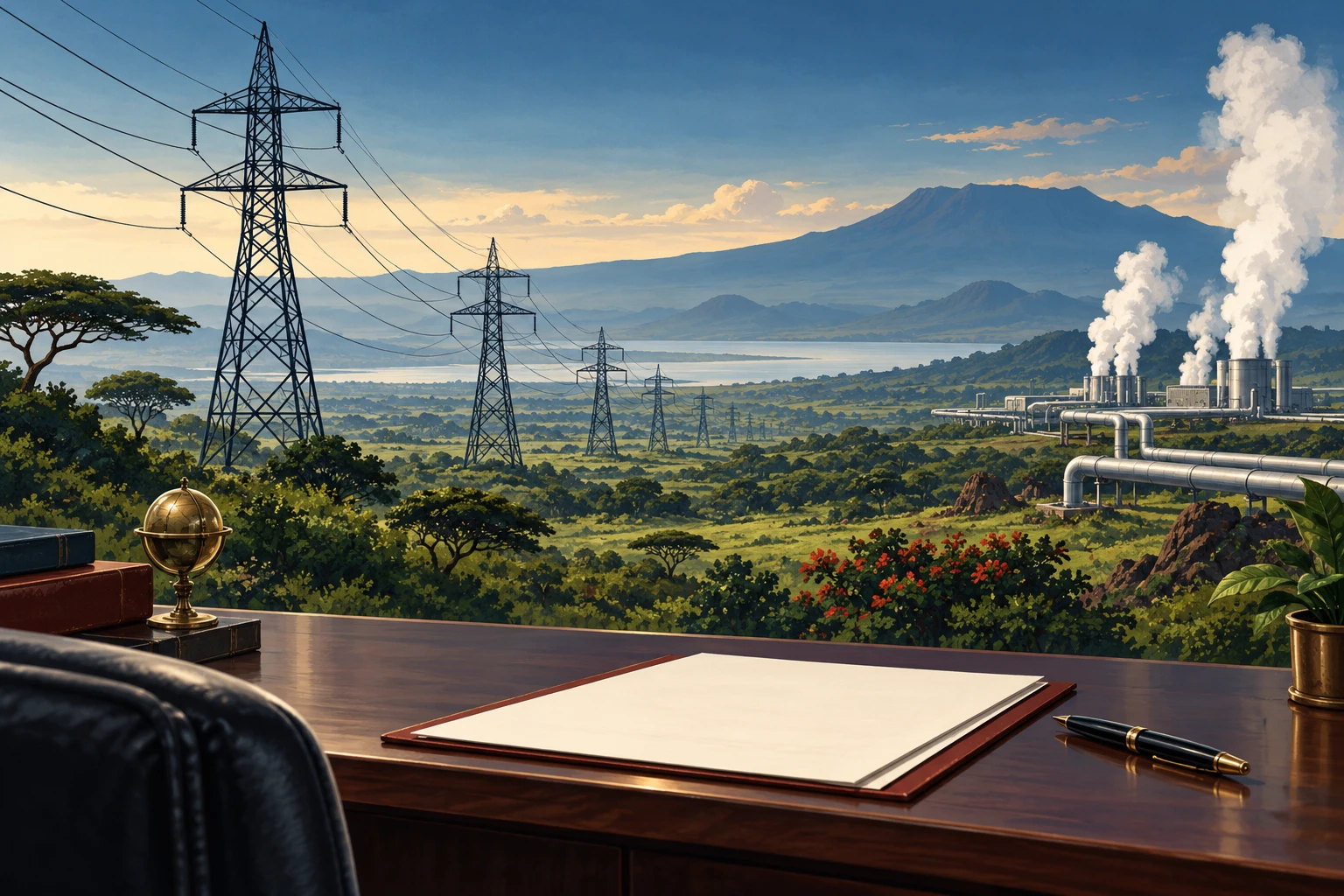 Editorial illustration of energy infrastructure.