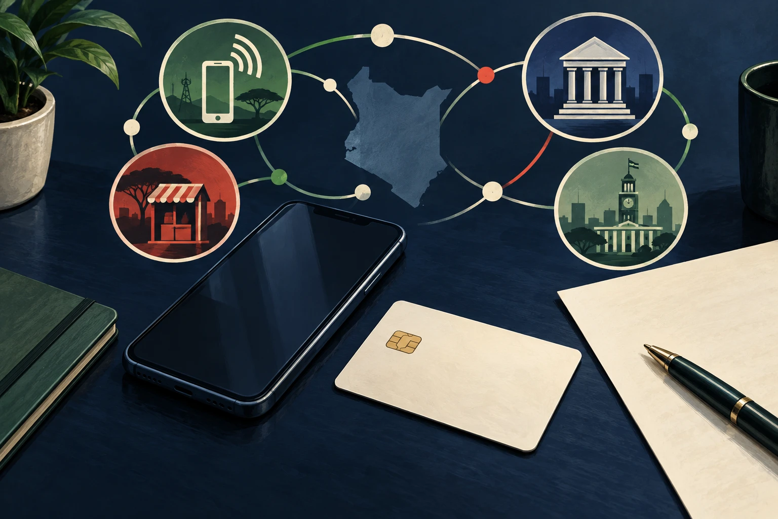Editorial illustration of a phone, blank payment card and payment-network symbols.