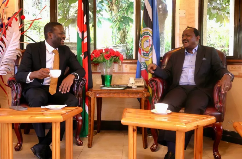 Kalonzo Musyoka and Edwin Sifuna talk across a table during a meeting.